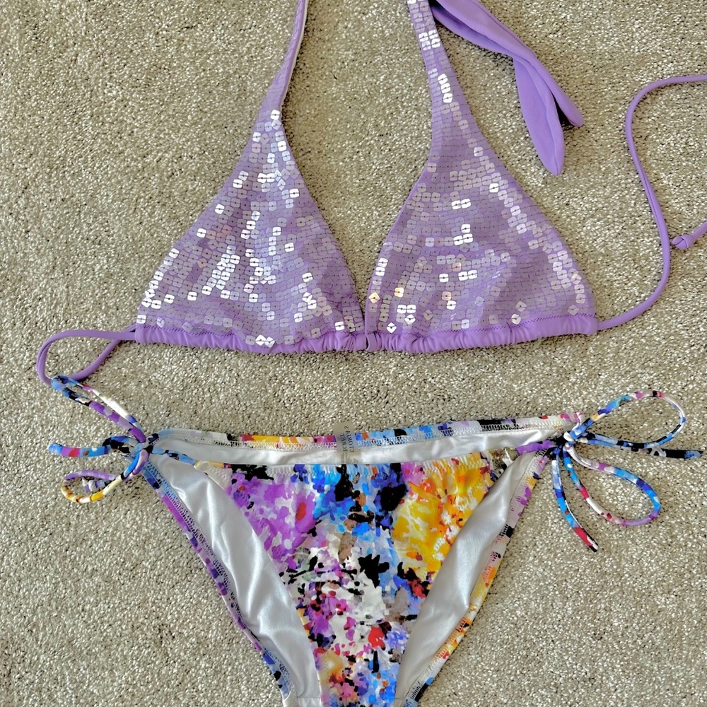 Victoria's Secret Sequin Bikini Top w/ floral watercolor bottom